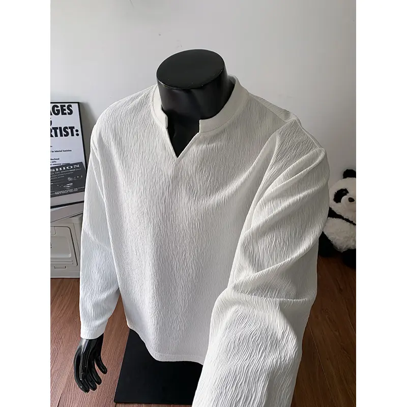 Herren Feinstrukturiertes Langarmshirt mit Stehkragen und V‑Einsatz Drune
