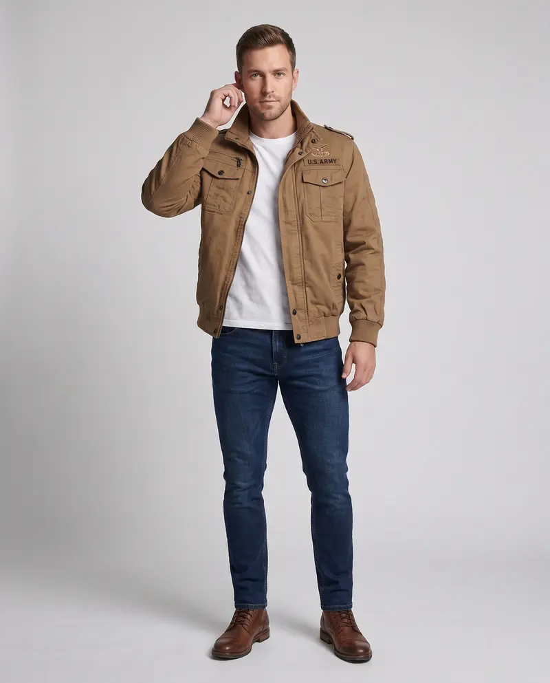 Herren Feld-Bomberjacke im militärischen Look mit Stehkragen und Schulterklappen Drune