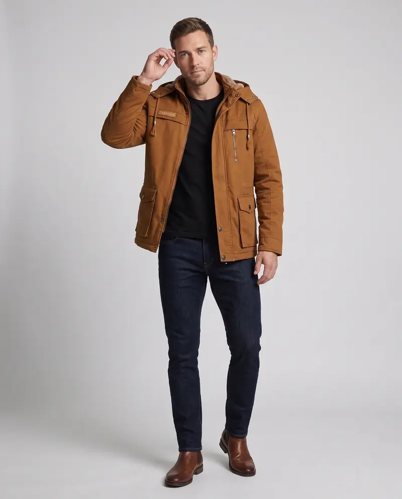 Herren Feldjacke mit Kapuze und Teddy-Futter sowie Multifunktionssch pockets Drune