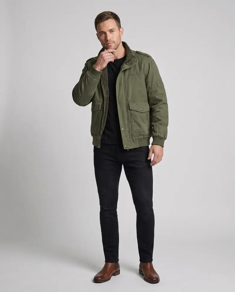 Herren-Feldjacke mit komplettem Teddy-Futter, Stehkragen und Klappentaschen Drune