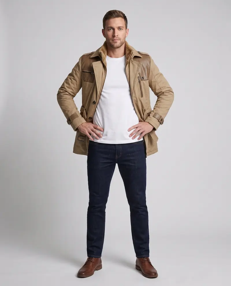 Herren Feldjacke mit Kunstlederbesatz, Teddy-Futter und tailliertem Gürtel