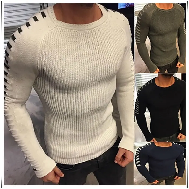 Herren Figurbetonter Rippstrick-Pullover mit Kontraststreifen an den Ärmeln Drune