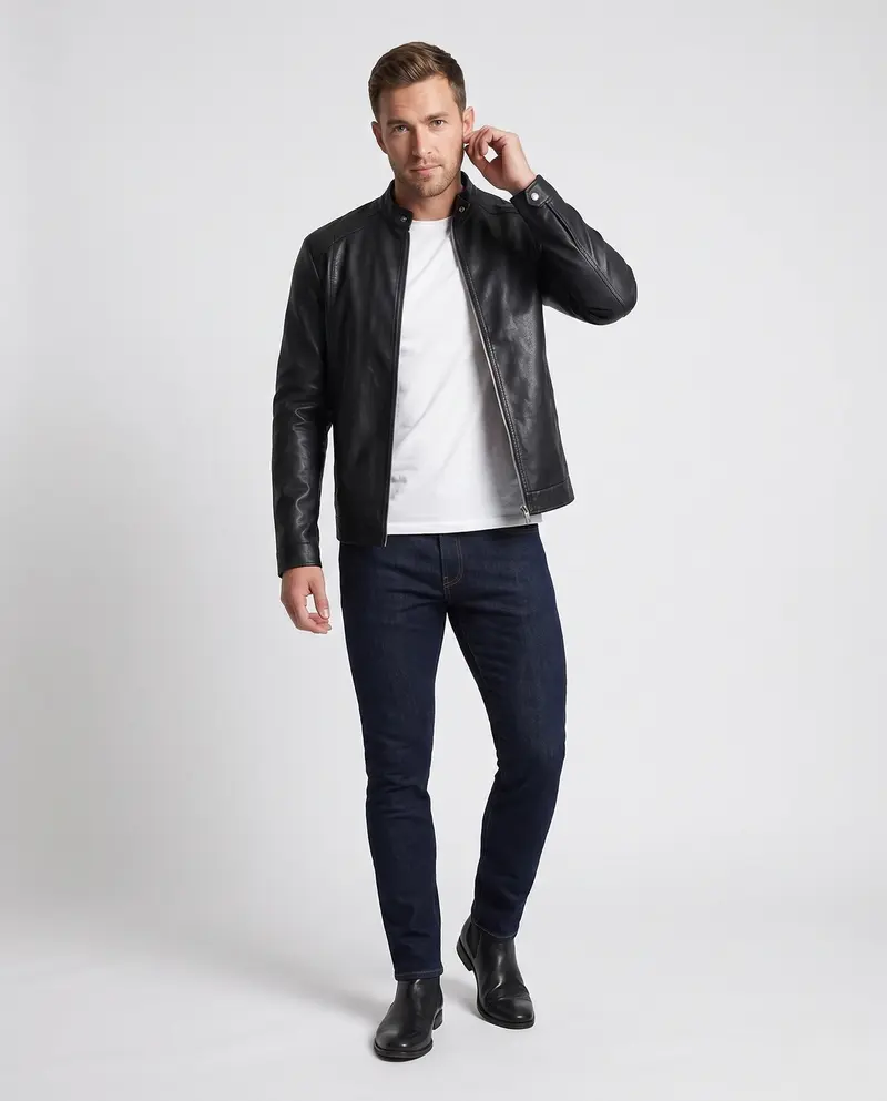 Herren Fitted Kunstlederjacke mit Stehkragen und thermischer Fütterung Drune