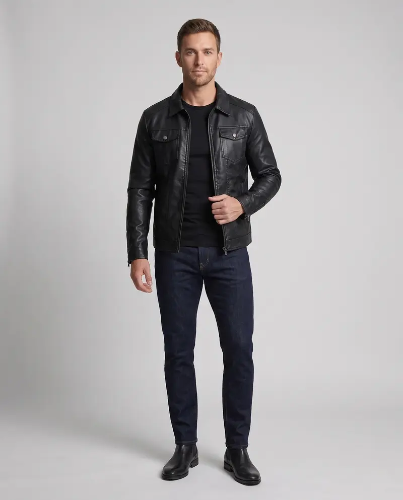 Herren Fitted Kunstlederjacke mit thermischer Fütterung und Brustklappentaschen Drune