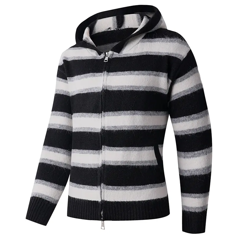 Herren Flauschige Kapuzen‑Strickjacke mit Doppelreißverschluss, Rippbündchen und horizontalem Streifenmuster Drune