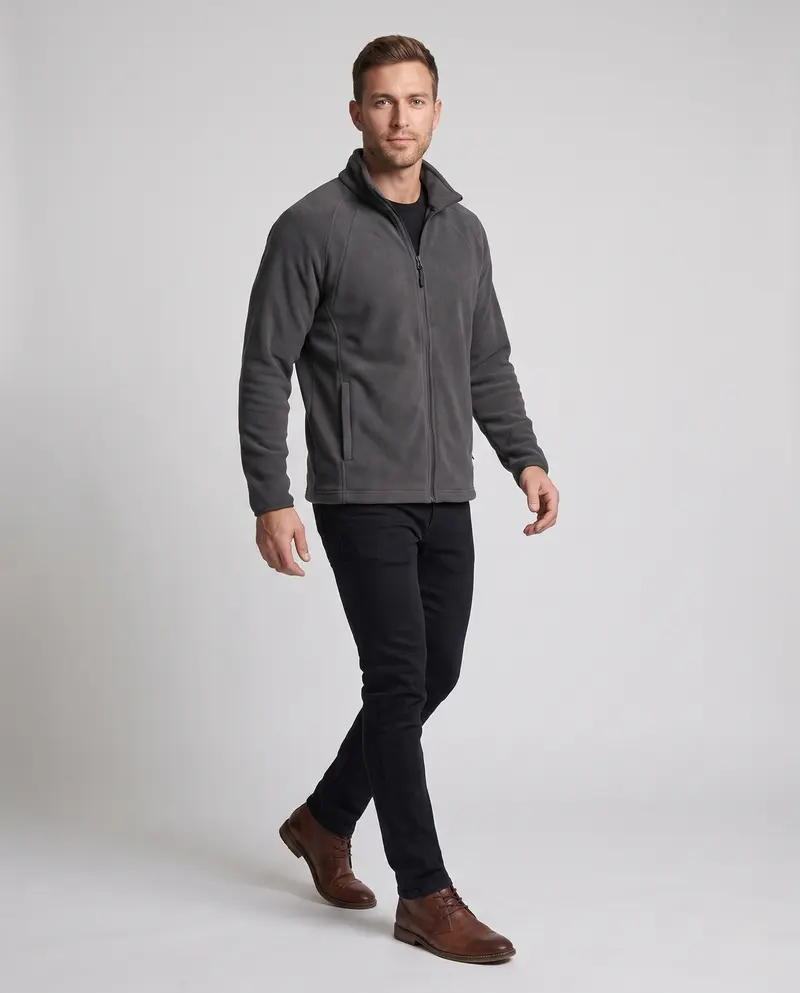 Herren Fleece Trekkingjacke mit Stehkragen, Raglanärmeln und verborgenem Reißverschluss