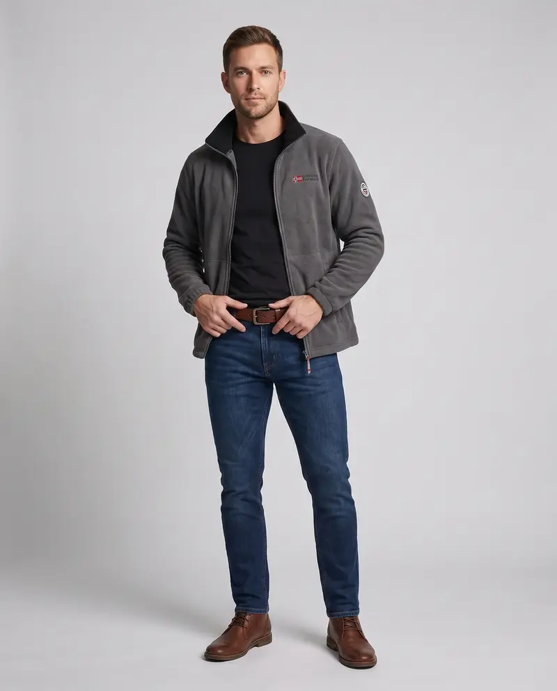 Herren Fleecejacke mit ganzflächigem Teddyfutter, hohem Kragen und Reißverschlusstaschen Drune
