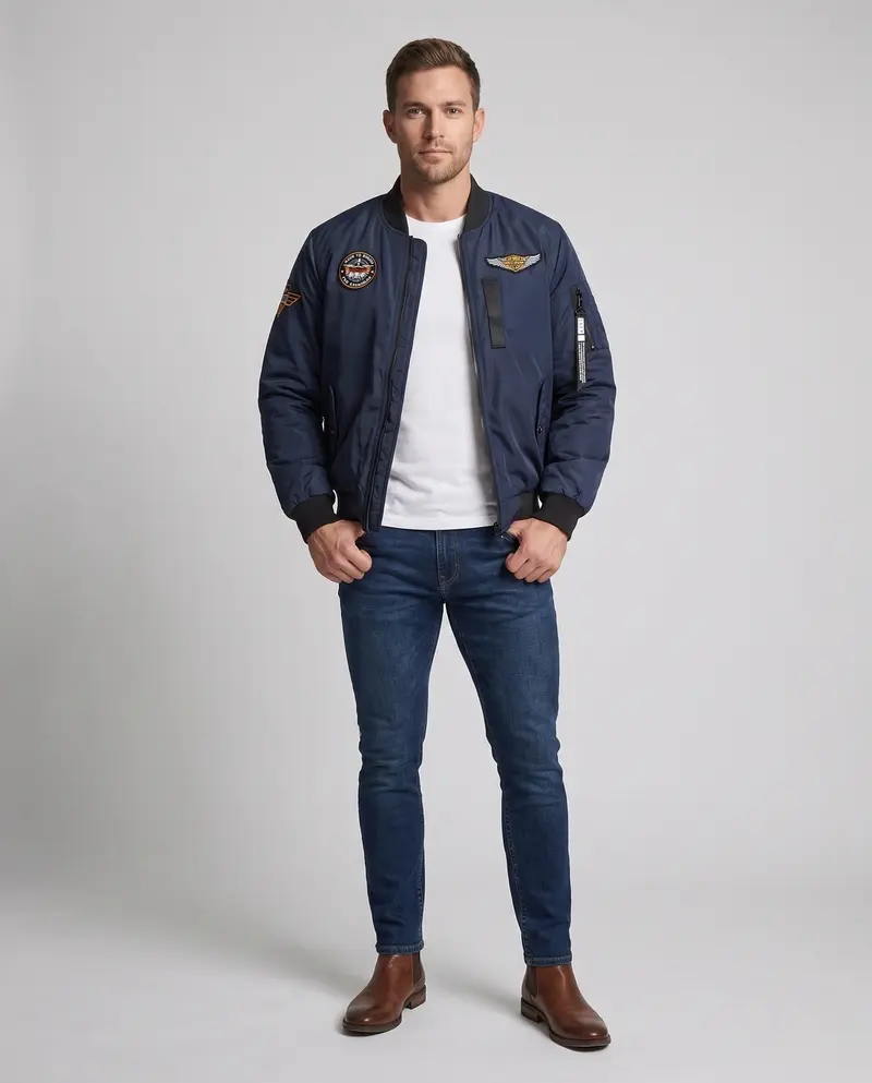Herren Flug Bomberjacke mit Abzeichen-Patches, Armtasche und Rippbündchen