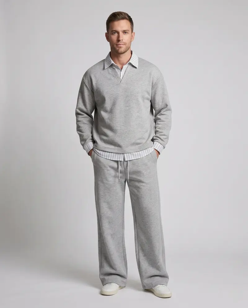 Herren Freizeitanzug Set mit Hemdkragen, V-Ausschnitt Pullover und Kordelzugbund