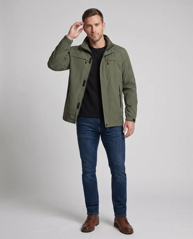 Herren Freizeitfeldjacke mit Kapuze, winddichtem Material und verdecktem Reißverschluss