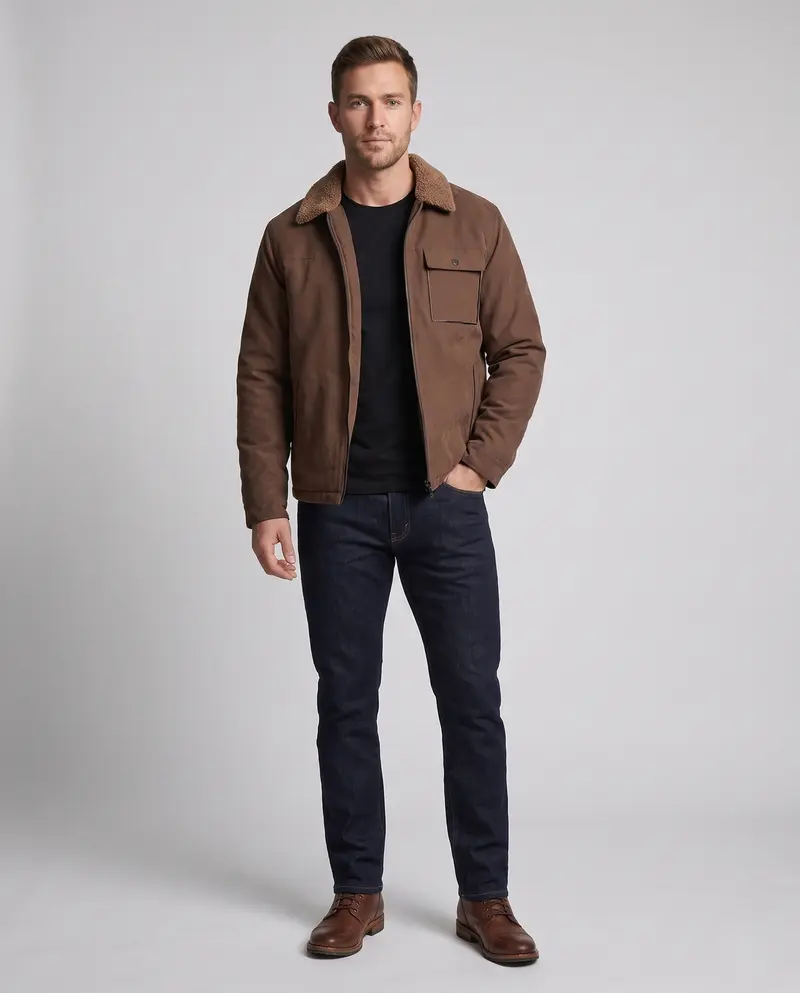 Herren Freizeitjacke mit Kunstfellkragen, Fleece-Innenfutter und verdecktem Reißverschluss