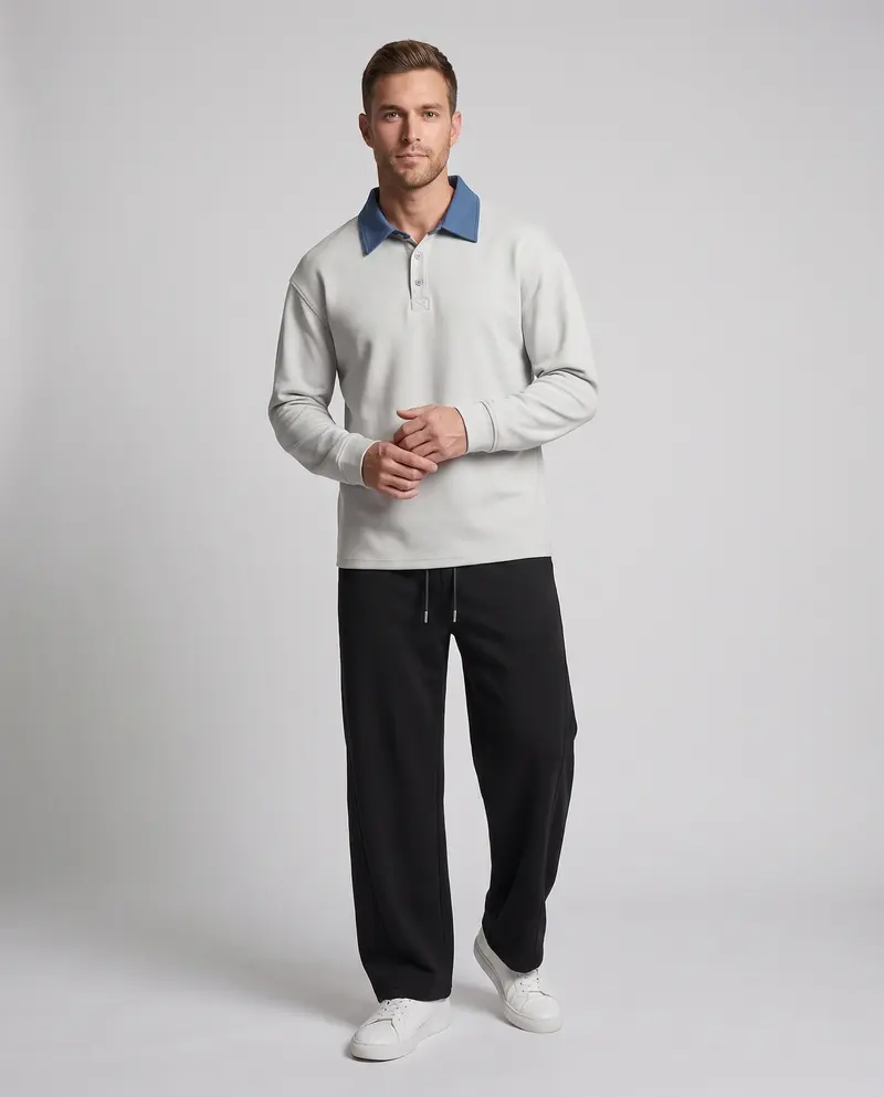 Herren Freizeitset mit Poloshirt mit Denimkragen und weit geschnittenen Jogginghosen