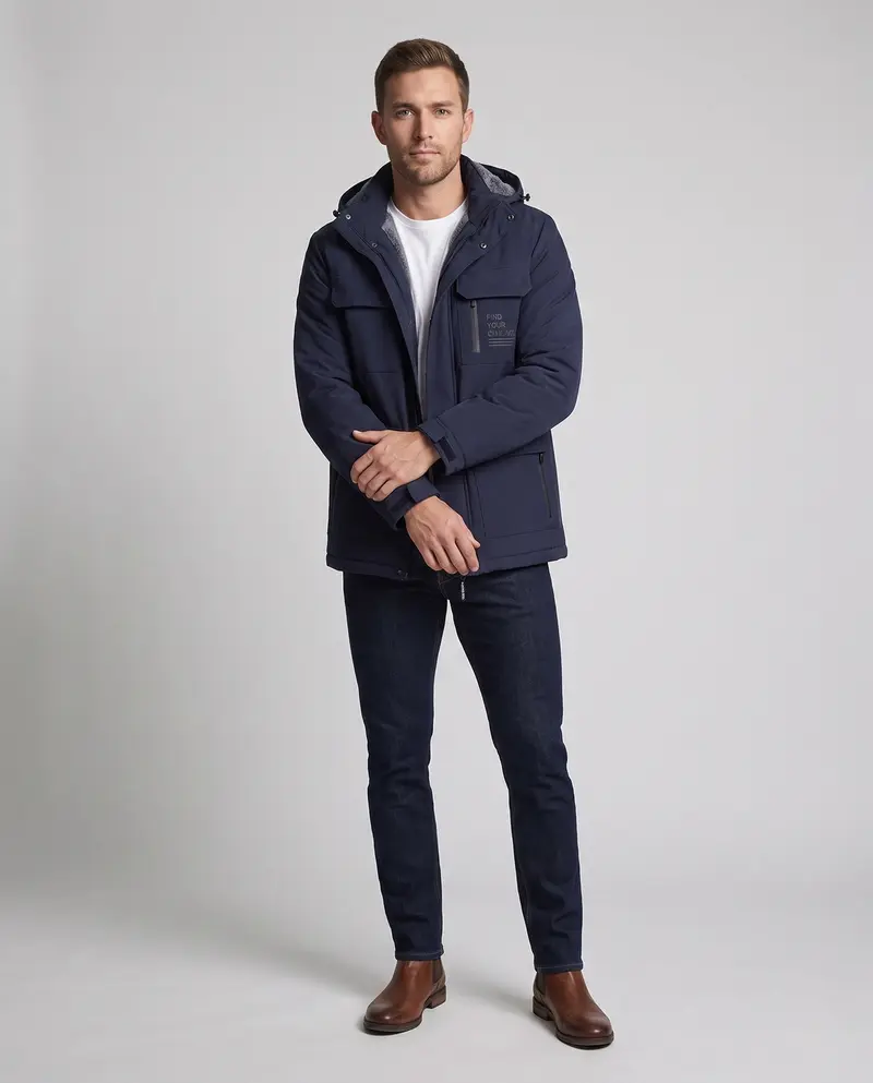 Herren Funktionswinterjacke mit Kapuze, wasserabweisendem Außenmaterial und weichem thermischen Futter