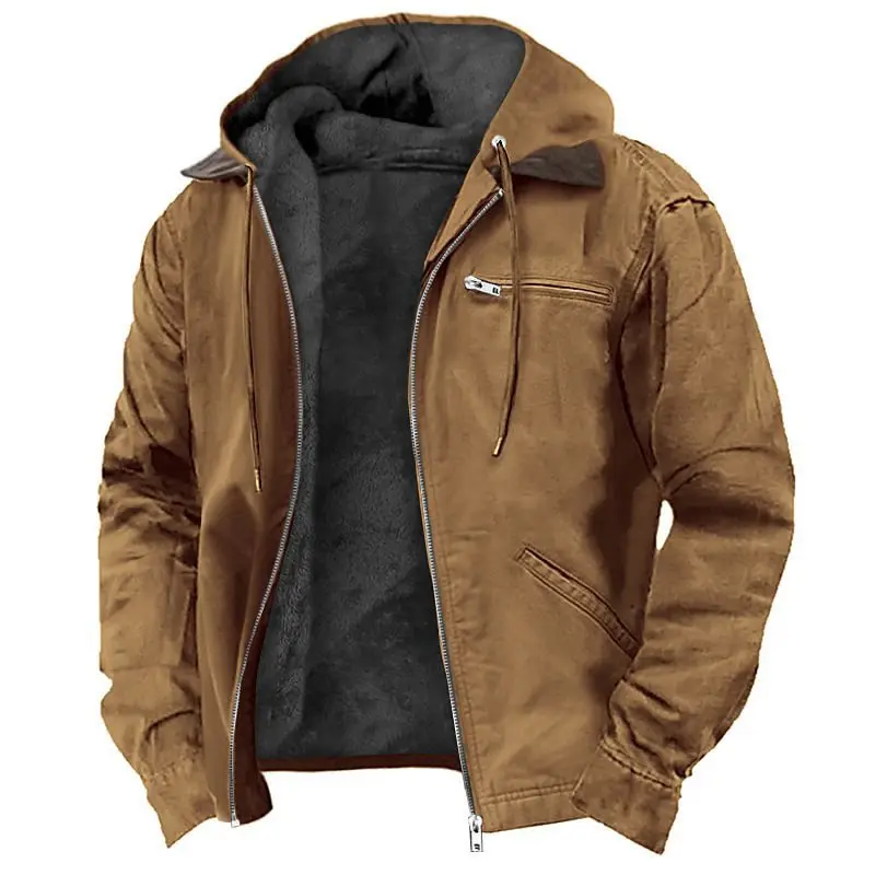 Herren Gefütterte Kapuzenjacke mit Teddyfutter, winddichtem Canvas und Reißverschlusstaschen Drune