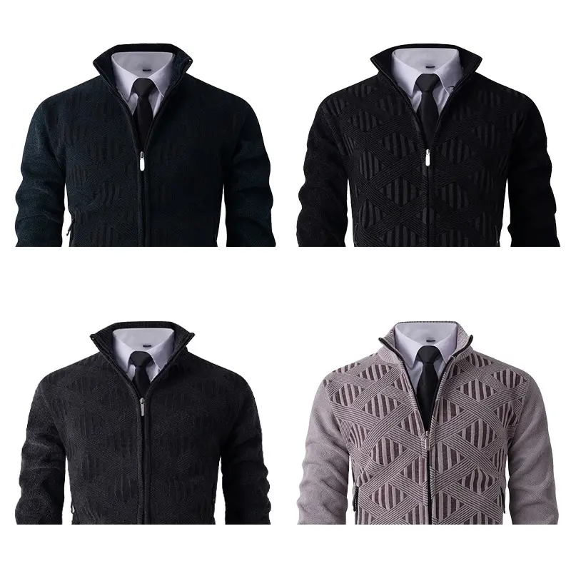 Herren Geometrischer Jacquard-Zipcardigan mit Stehkragen und Reißverschlusstaschen Drune