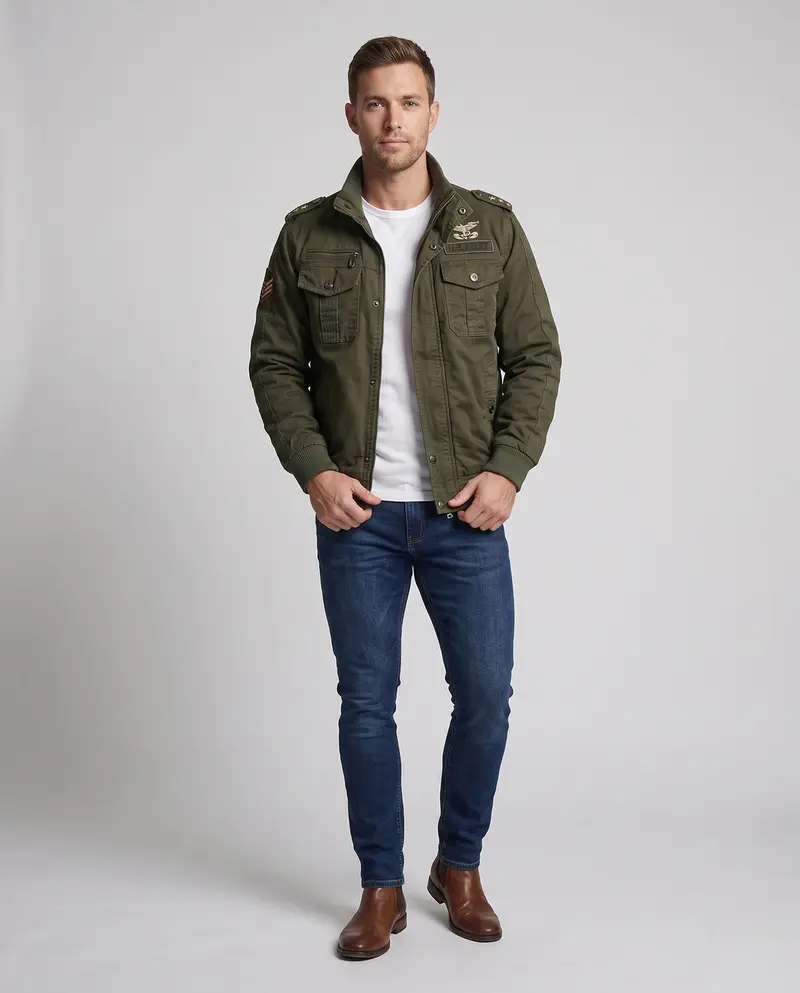 Herren gepolsterte Canvas-Bomberjacke im Feldlook mit Schulterklappen und warmem Teddy-Fleece-Futter Drune