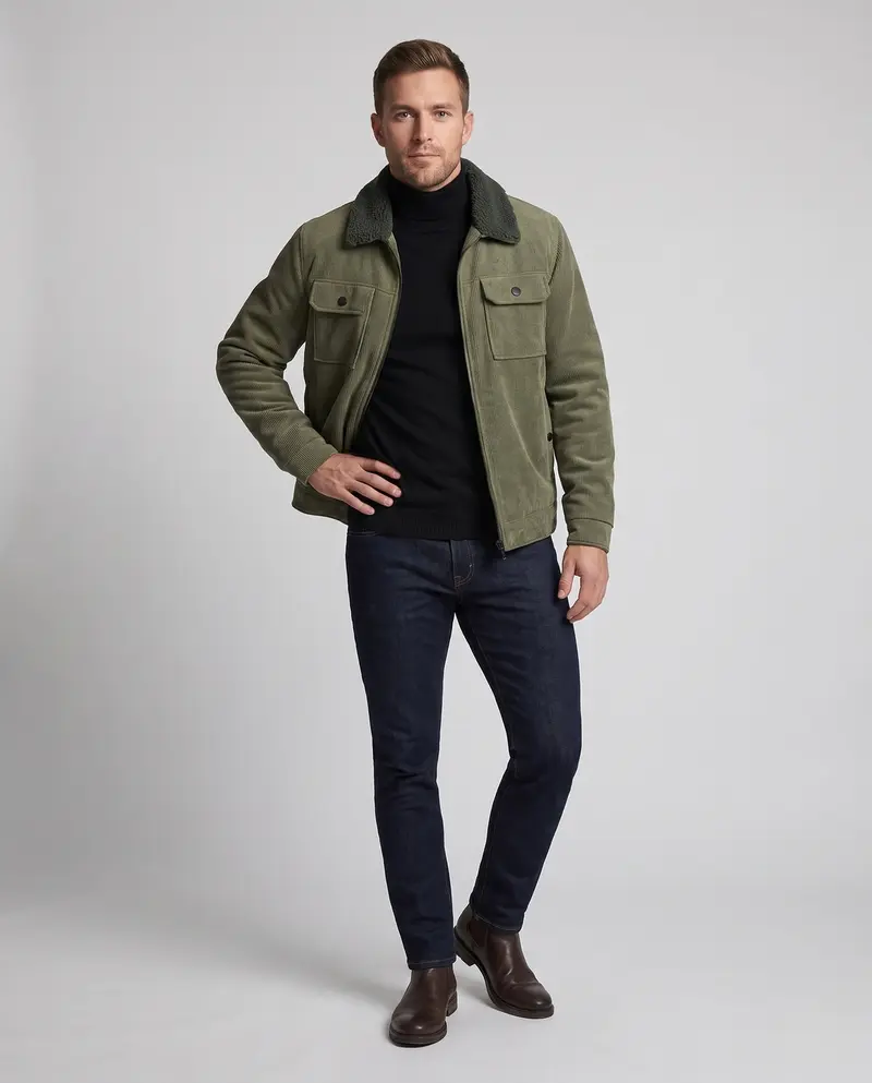Herren gepolsterte Cordjacke mit Sherpa-Kragen, Reißverschluss und aufgesetzten Brusttaschen