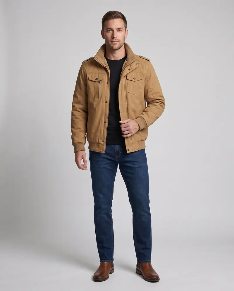 Herren gepolsterte Feldjacke im Pilotstil mit Sherpa-Futter und Stehkragen Drune