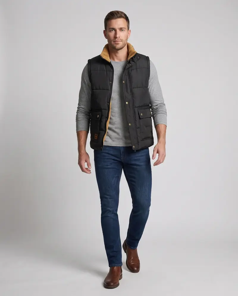 Herren gepolsterte Outdoor-Weste mit Teddyfutter, hohem Stehkragen und Klappentaschen