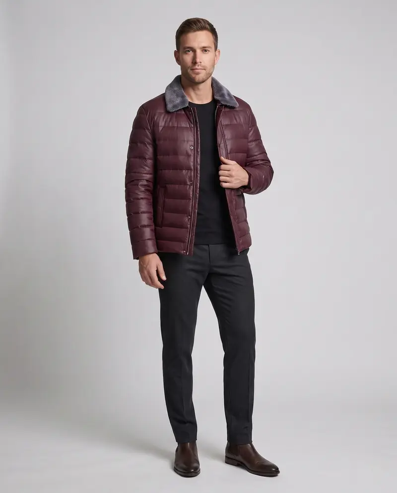 Herren gepolsterte Steppjacke mit Teddykragen und elegantem Lederlook