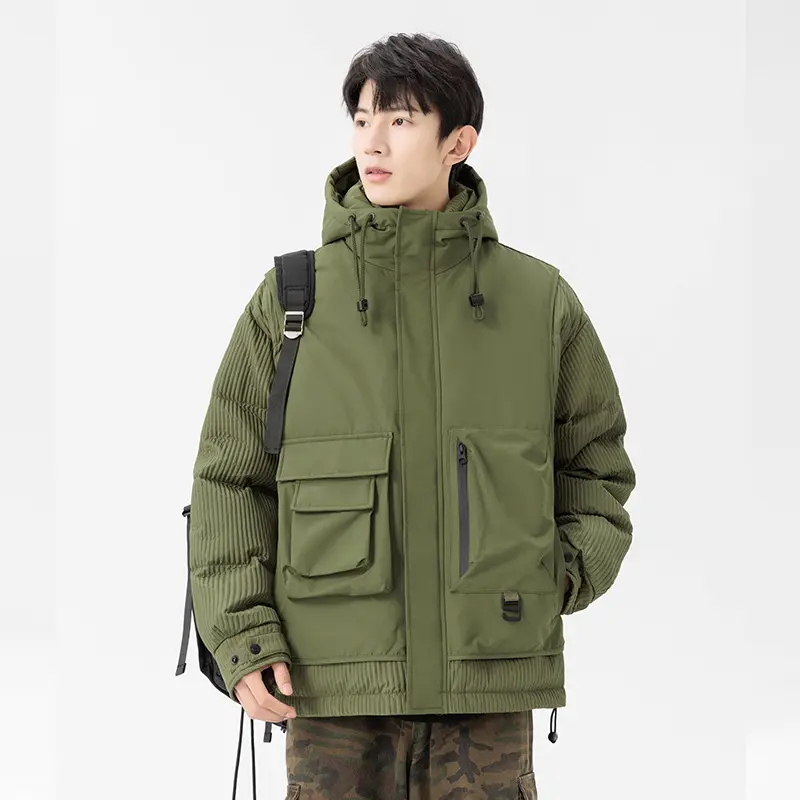 Herren Gepolsterte Winterjacke mit Kapuze, gesteppte Ärmel und Cargo-Taschen Drune