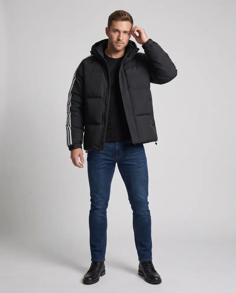 Herren gepolsterten Kapuzenjacke im sportlichen Streetwear-Look mit kontrastierenden Streifenärmeln und winddichter Außenschicht