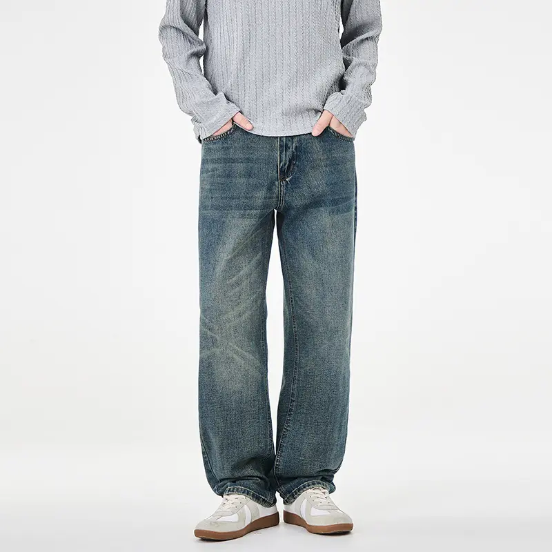 Herren Gerade geschnittene weite Jeans mit hohem Bund und Vintage-Waschung Drune