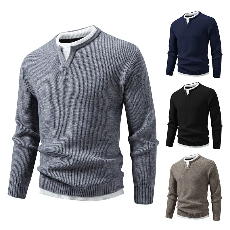 Herren Gerippter Strickpullover mit V-Notch und Lagenlook Drune