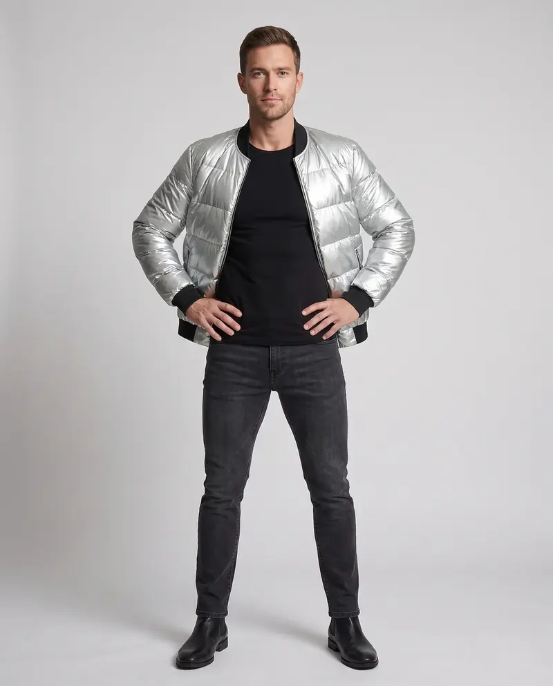 Herren gesteppte Jacke mit glänzender Oberfläche und Stehkragen Drune