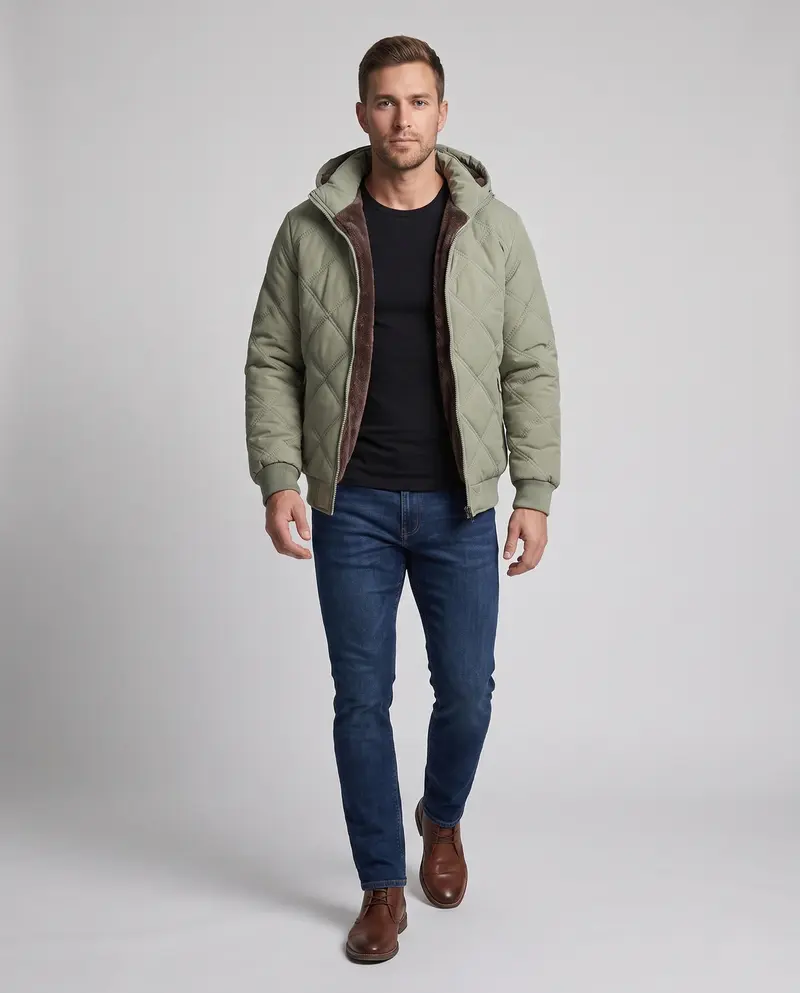 Herren gesteppte Kapuzenjacke mit dickem Teddyfutter, Diamantsteppung und winddichter Außenmembran