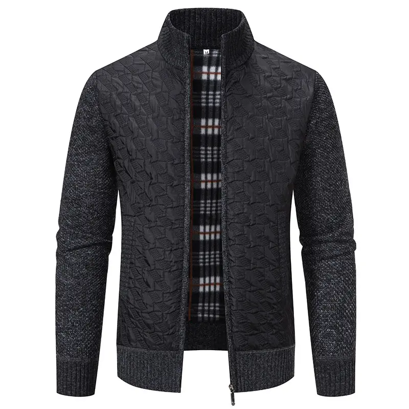 Herren gesteppte Strick‑Hybridjacke mit Stehkragen, durchgehendem Reißverschluss und kariertem Futter Drune