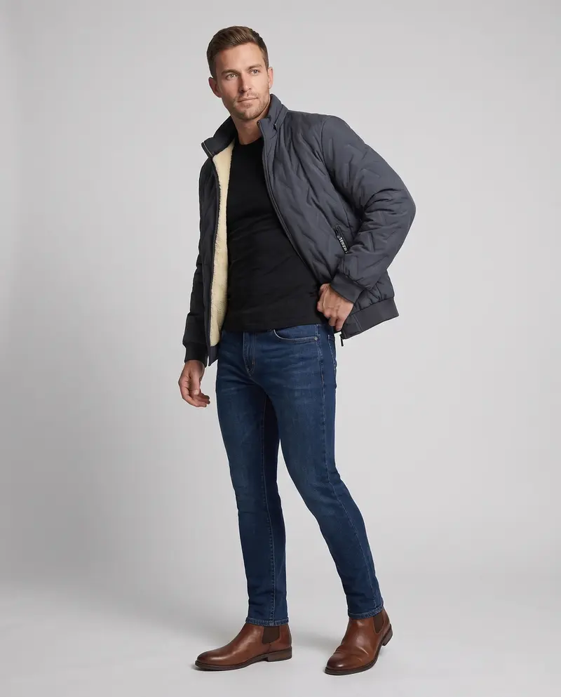 Herren gesteppte Winterblouson mit Sherpa-Futter, hohem Stehkragen und verdeckten Reißverschlusstaschen