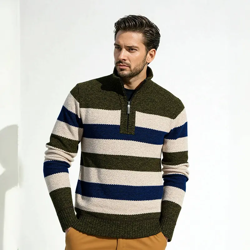 Herren Gestreifter Halbzip-Strickpullover mit Stehkragen und robuster Struktur Drune