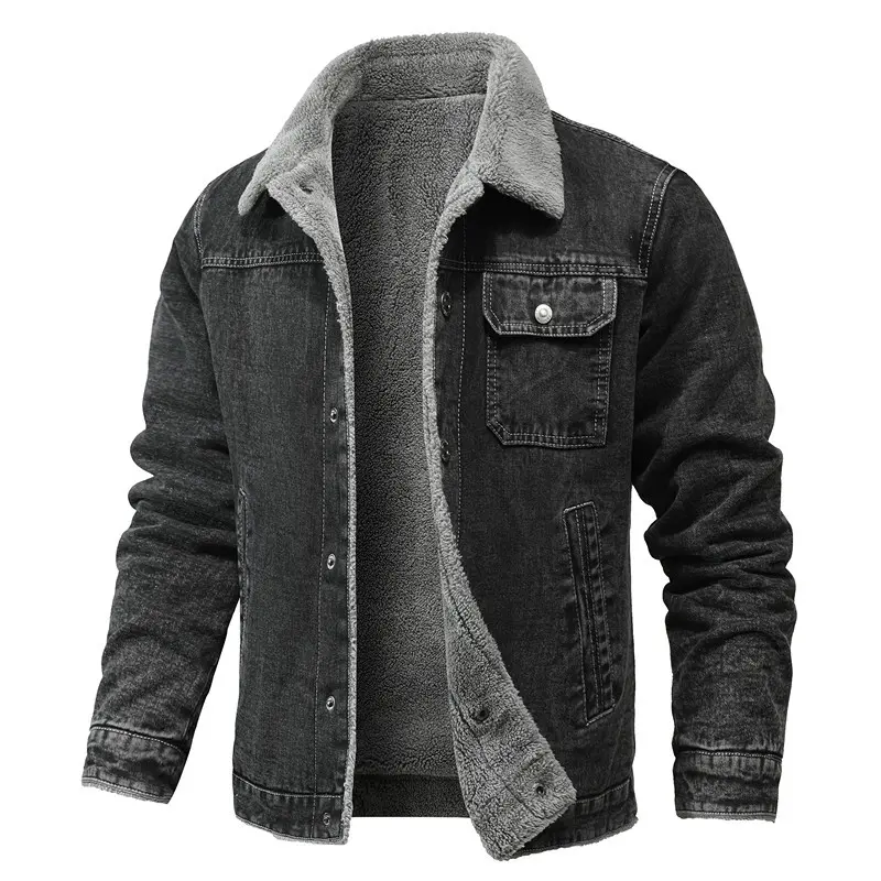 Herren gewaschene Denim-Workerjacke mit Teddyfutter und eingelassenen Seitentaschen Drune