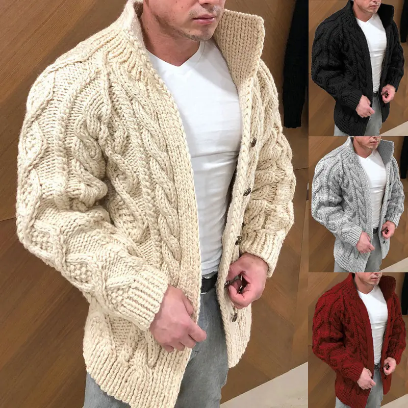 Herren Grober Zopfstrick-Cardigan mit hohem Stehkragen und Hornknöpfen Drune