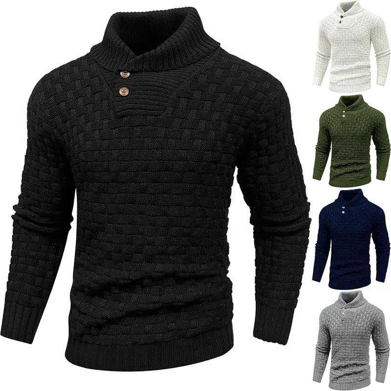 Herren Grobgestrickter Pullover mit hohem Rollkragen, Knopfleiste und Körbchenstrick Drune