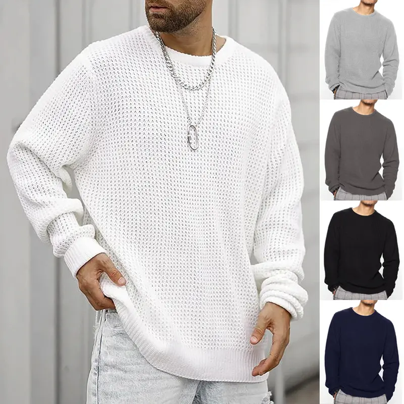 Herren Grobgestrickter Rundhals-Pullover mit Körbchenmuster und Relaxed-Fit Drune