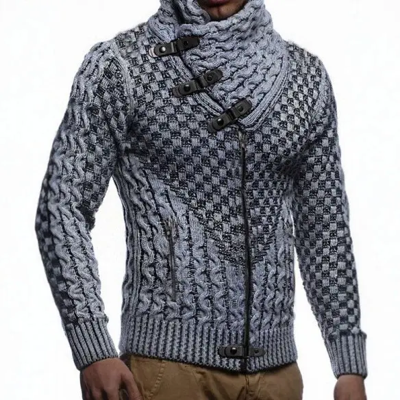 Herren Grobstrick-Cardigan mit asymmetrischem Wickelkragen und Reißverschluss Drune