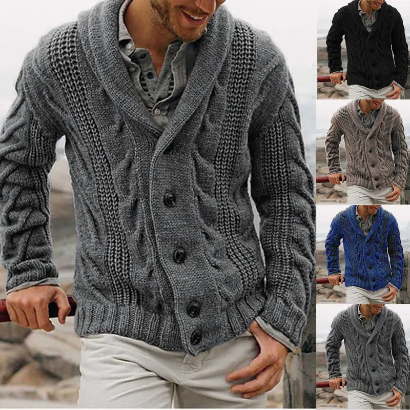 Herren Grobstrick-Cardigan mit Schalkragen, Zopfmuster und wärmender Knopfleiste Drune
