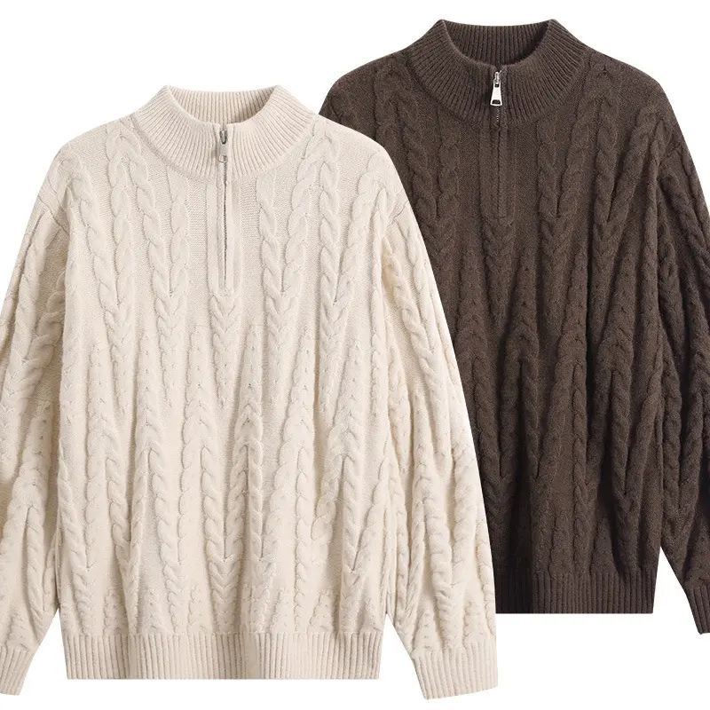 Herren Grobstrick-Halbzip-Pullover im Oversize-Zopfmuster mit hohem Rippkragen Drune