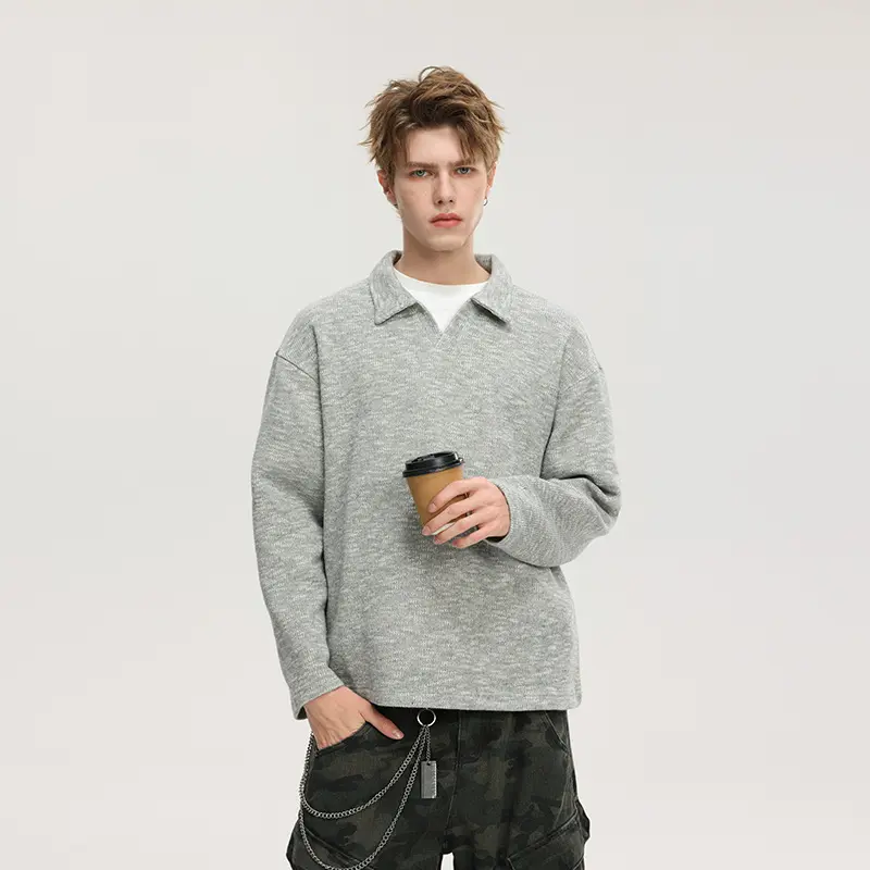 Herren Grobstrick-Kragenpullover mit V-Ausschnitt und Relaxed‑Fit Drune