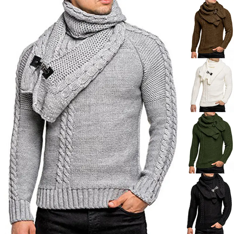 Herren Grobstrick-Pullover mit integriertem Wickelkragen und Schnallen-Schal Drune