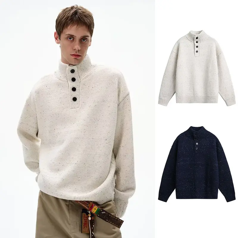 Herren Grobstrick Pullover mit Stehkragen und Knopfdetail Drune