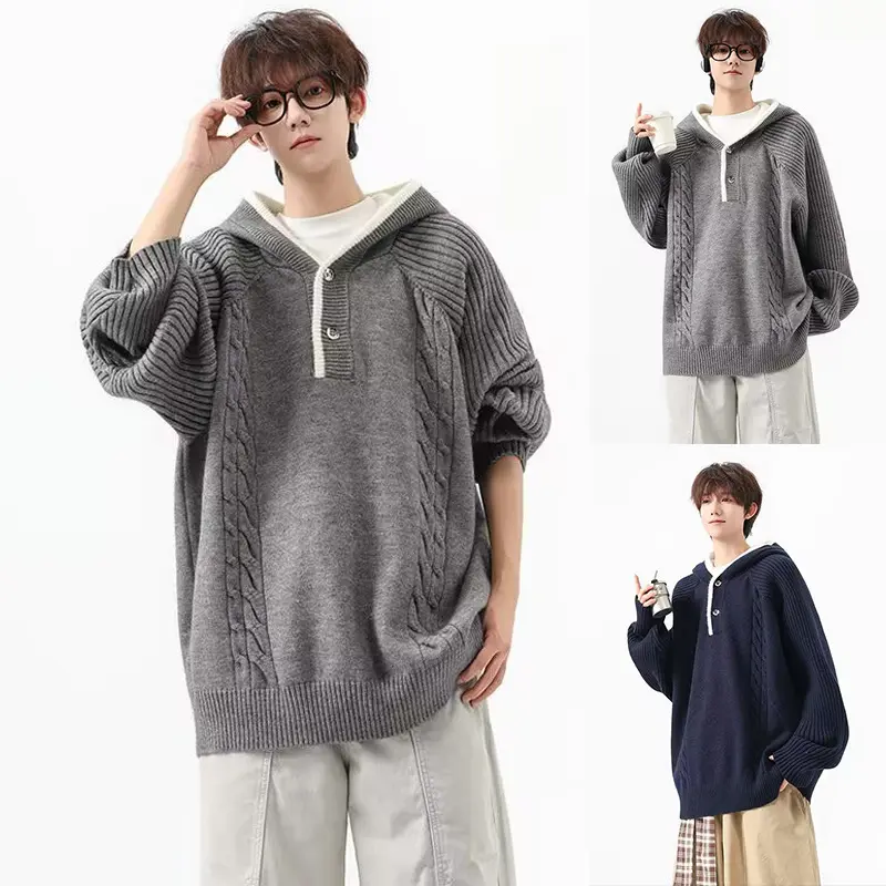 Herren Grobstrickpullover mit Kapuze und Knopfleiste Drune
