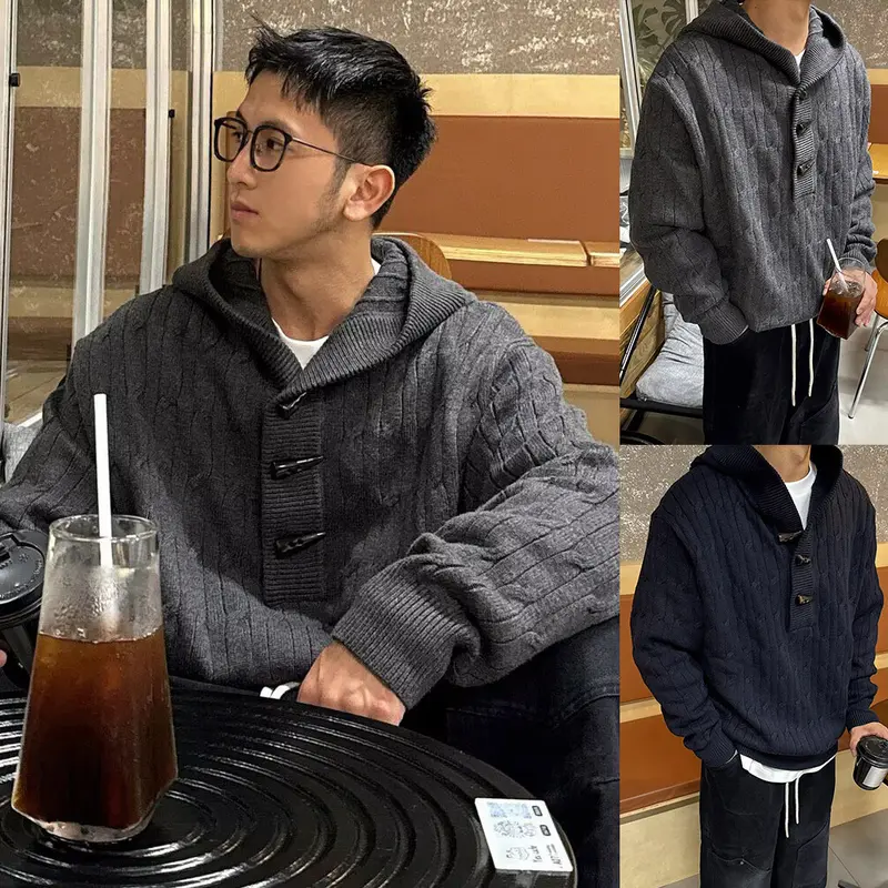 Herren Grobstrickpullover mit Kapuze und Knopfverschluss Drune