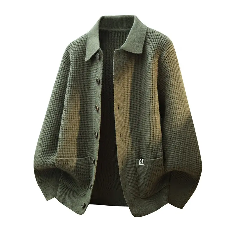Herren Grobstrukturierte Hemdjacke-Strickcardigan mit Waffelstruktur, Hemdkragen & aufgesetzten Taschen Drune
