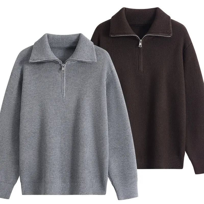 Herren Halbzip-Strickpullover mit Rippenstruktur und großem Umlegekragen Drune