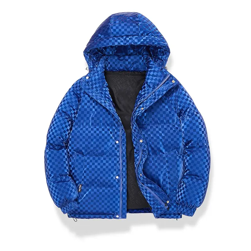 Herren Hochglänzende gesteppte Thermojacke mit Kapuze & Karo‑Struktur Drune