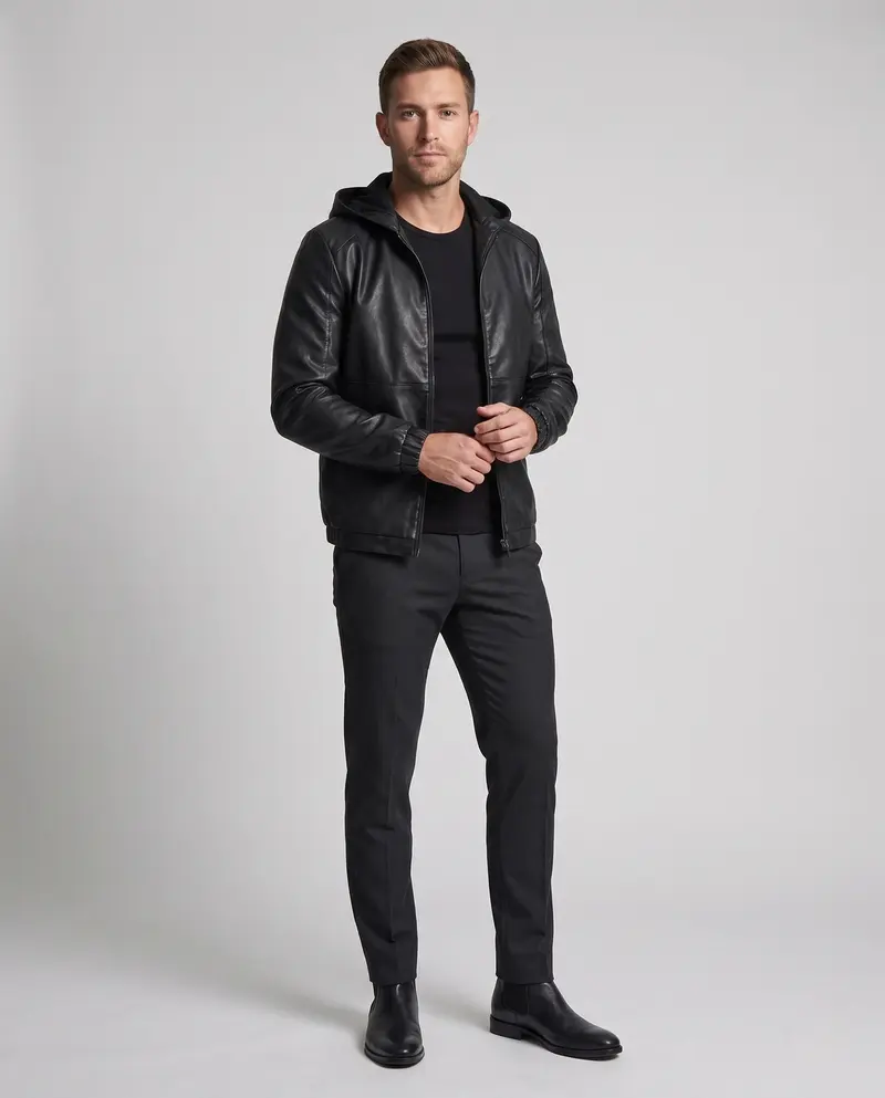 Herren Hoodie Blouson in Lederoptik mit minimalem Reißverschluss vorne und elastischen Bündchen Drune