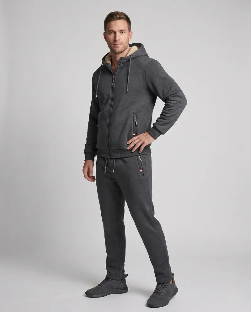 Herren Hoodie Sweat Set mit Teddyfutter, Reißverschlusstaschen und elastischem Bund Drune